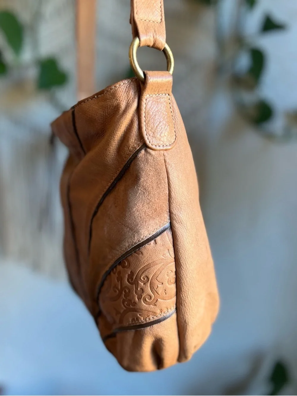Vintage Boho Crossbody Bag Brown Patchwork Tooled Leather Style Slouchy Purse